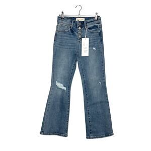Risen Button Fly Cropped Flare Jeans Size 25 Distressed Light Wash Denim